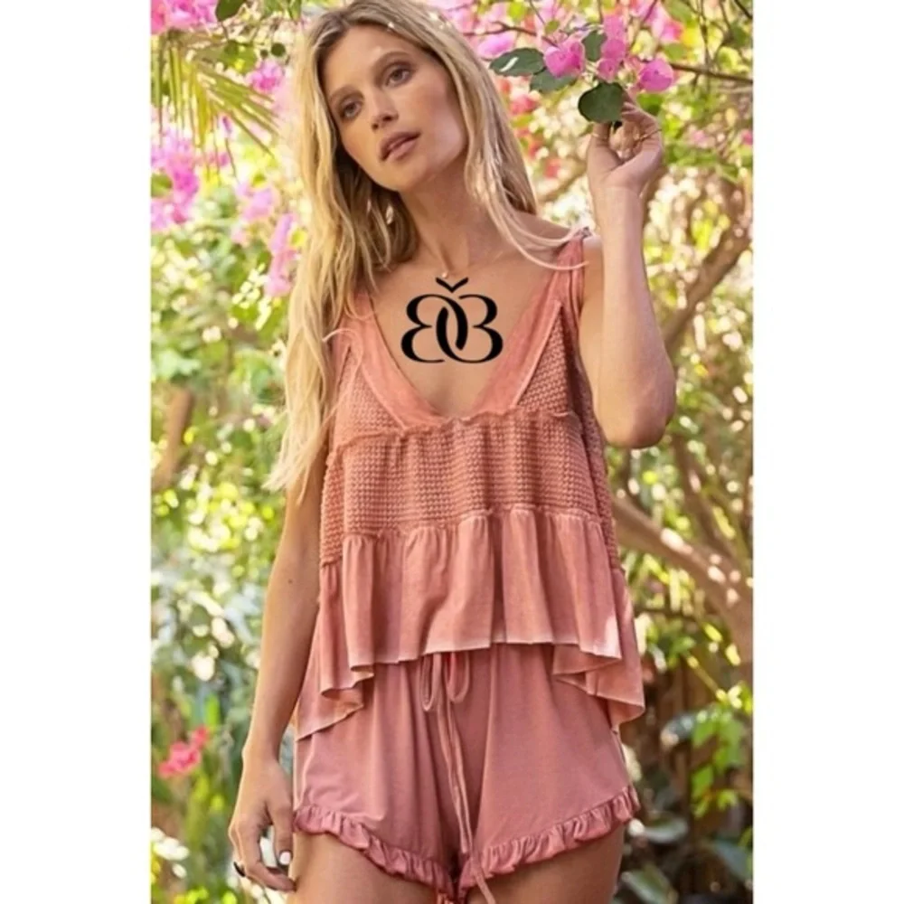 POL Warm Pink Waffle Knit Babydoll Tank Top